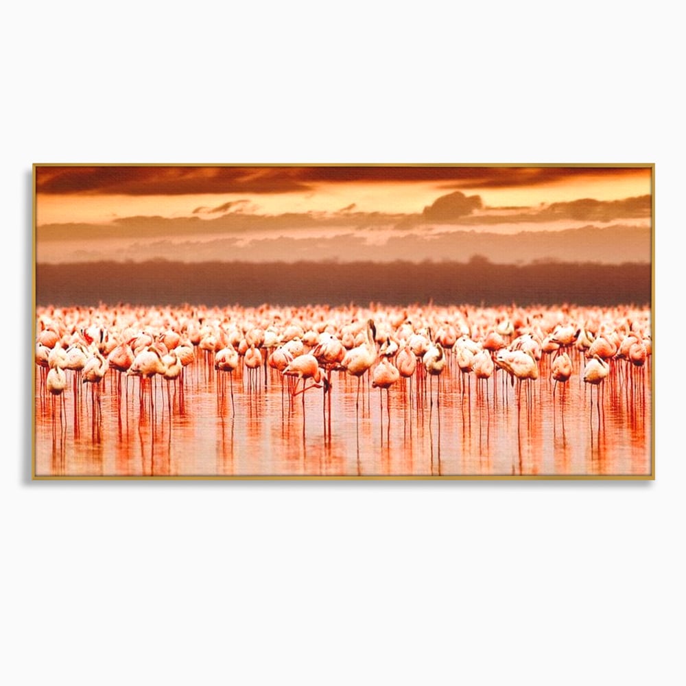 Tablou canvas cu tablou canvas cu stol de flamingo la apus, in rama de aluminiu auriu